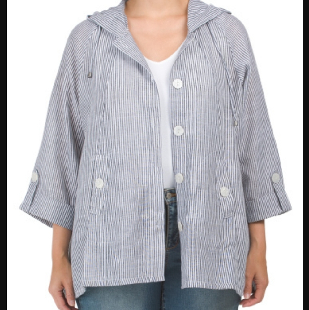 Jones & CO Jones New York Linen Blend Hooded Shirt / Jacket Button Front Closure